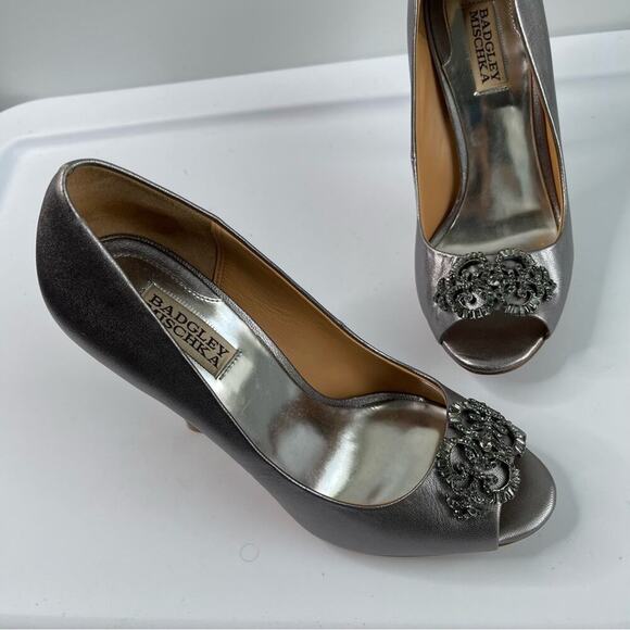 Badgley Mischka embellished gray silver satin heel SUSAN open toe shoes pump 8.5 - Picture 4 of 5